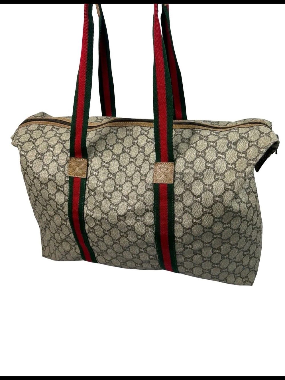 Gucci GG Plus Beige Monogram Travel Tote with Red and Green Straps Sherry Line